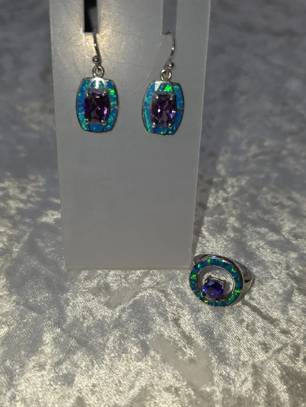 Vintage Havana Hallmark SS Purple & Turquoise Inlay Earrings & Ring Set - Picture 3 of 13
